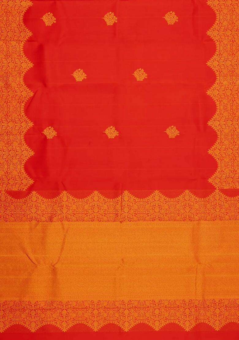 Red Handloom Kanchipuram Silk Saree With Floral Zari Motifs With Buttas And Brocade Design For Women - Indya