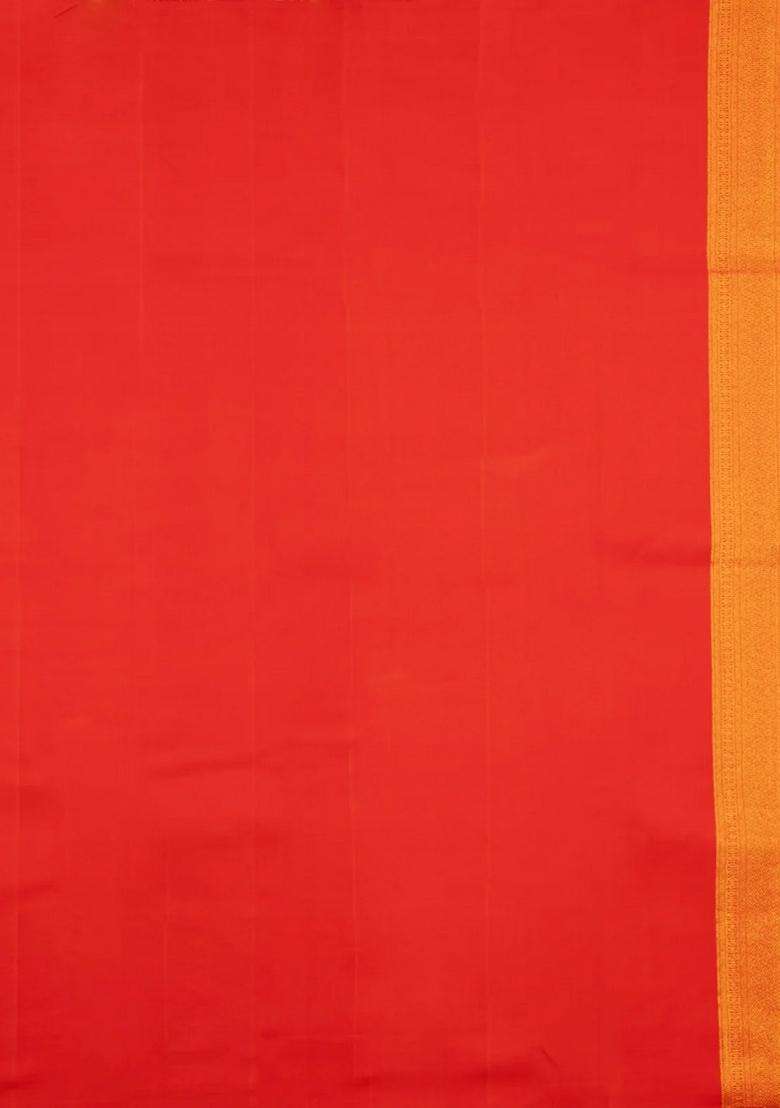 Red Handloom Kanchipuram Silk Saree With Floral Zari Motifs With Buttas And Brocade Design For Women - Indya