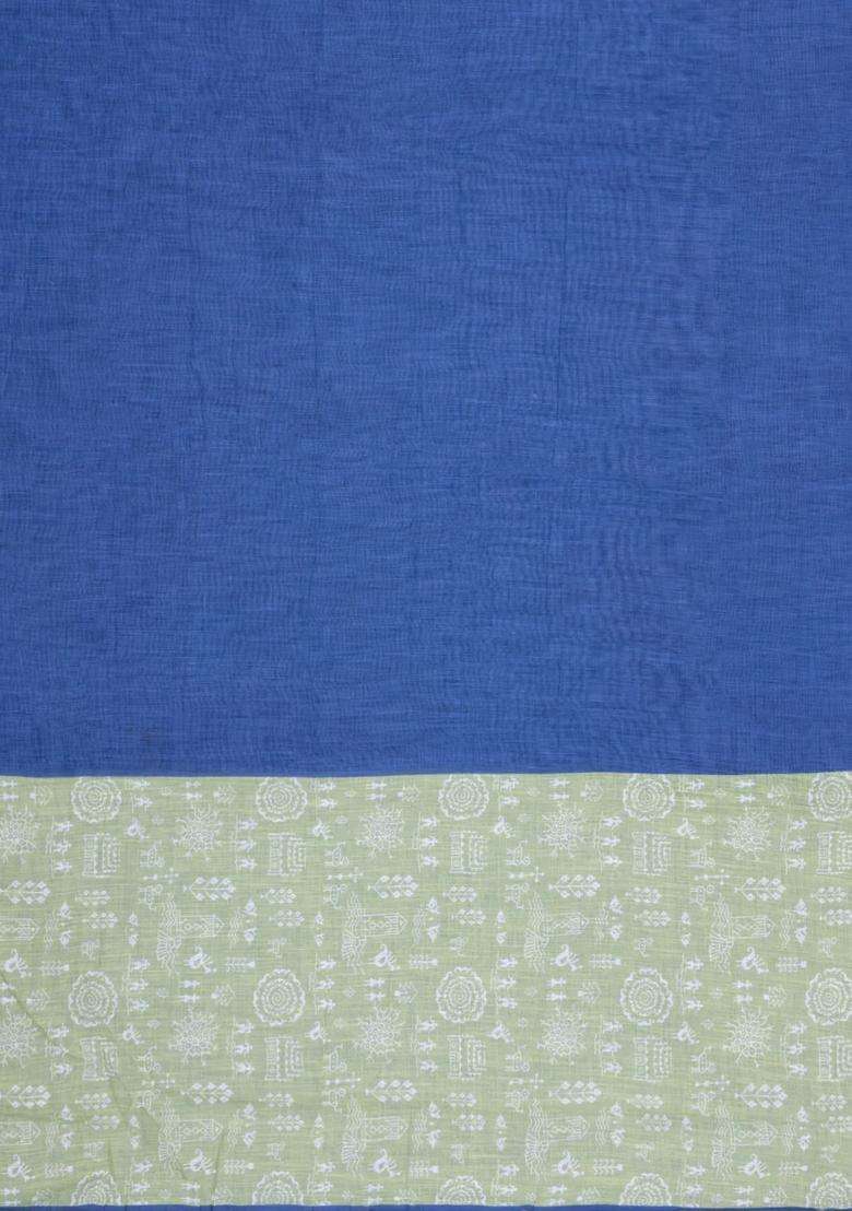 Blue Printed Synthetic Linen Saree With Contrast Pallu For Women - Indya
