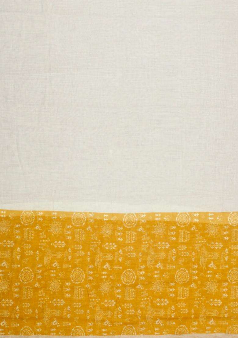 Taupe Printed Synthetic Linen Saree With Contrast Mustard Pallu For Women - Indya