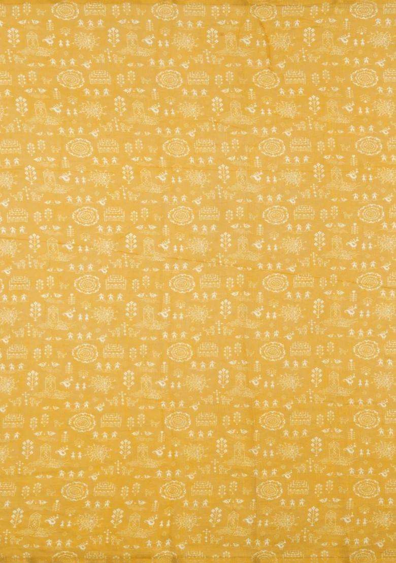 Taupe Printed Synthetic Linen Saree With Contrast Mustard Pallu For Women - Indya