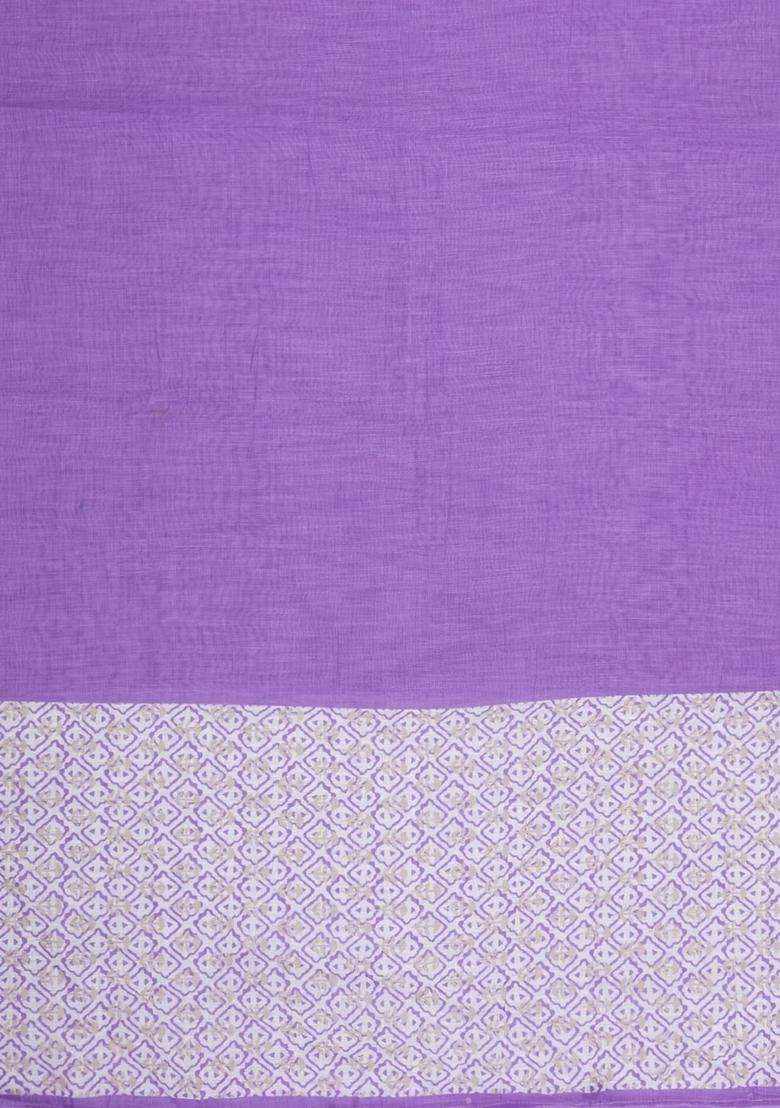 Lavander Lavender Printed Synthetic Linen Saree With Contrast Mustard Pallu For Women - Indya