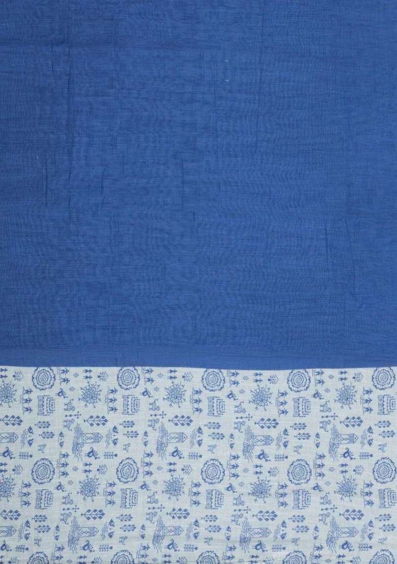 Blue Printed Synthetic Linen Saree With Contrast Pallu For Women - Indya