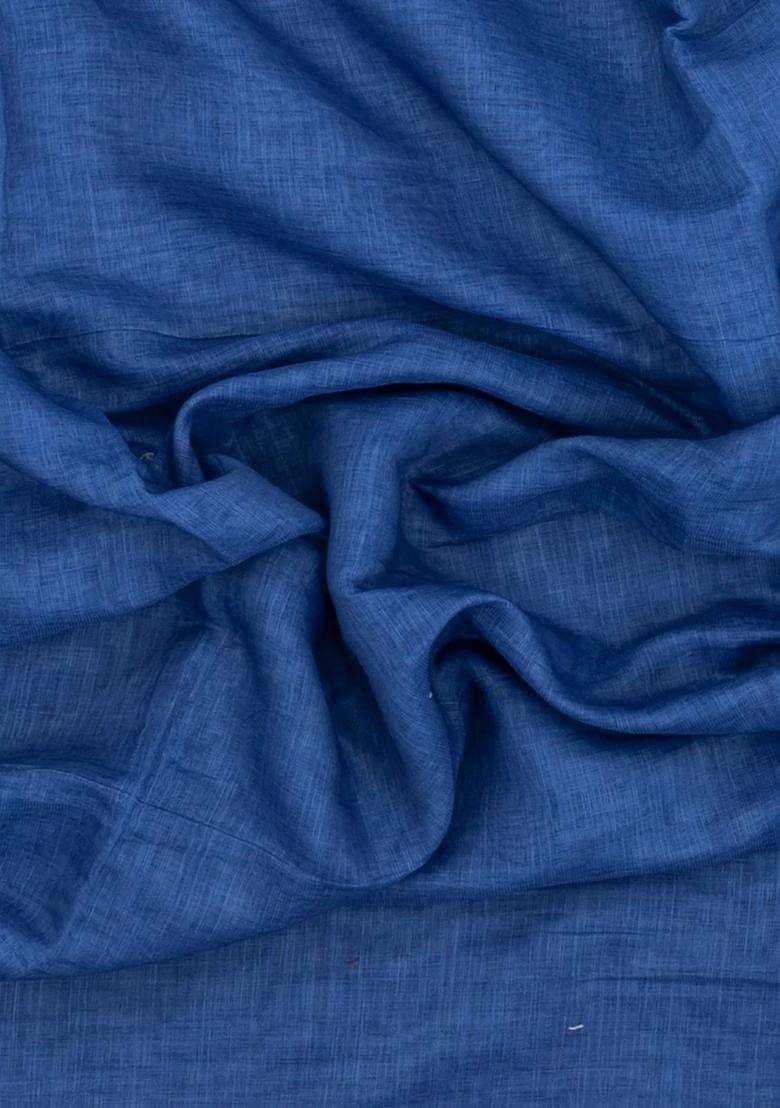 Blue Printed Synthetic Linen Saree With Contrast Pallu For Women - Indya