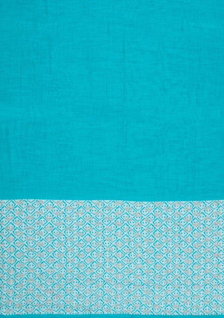 Turquoise Printed Synthetic Linen Saree With Contrast Pallu For Women - Indya