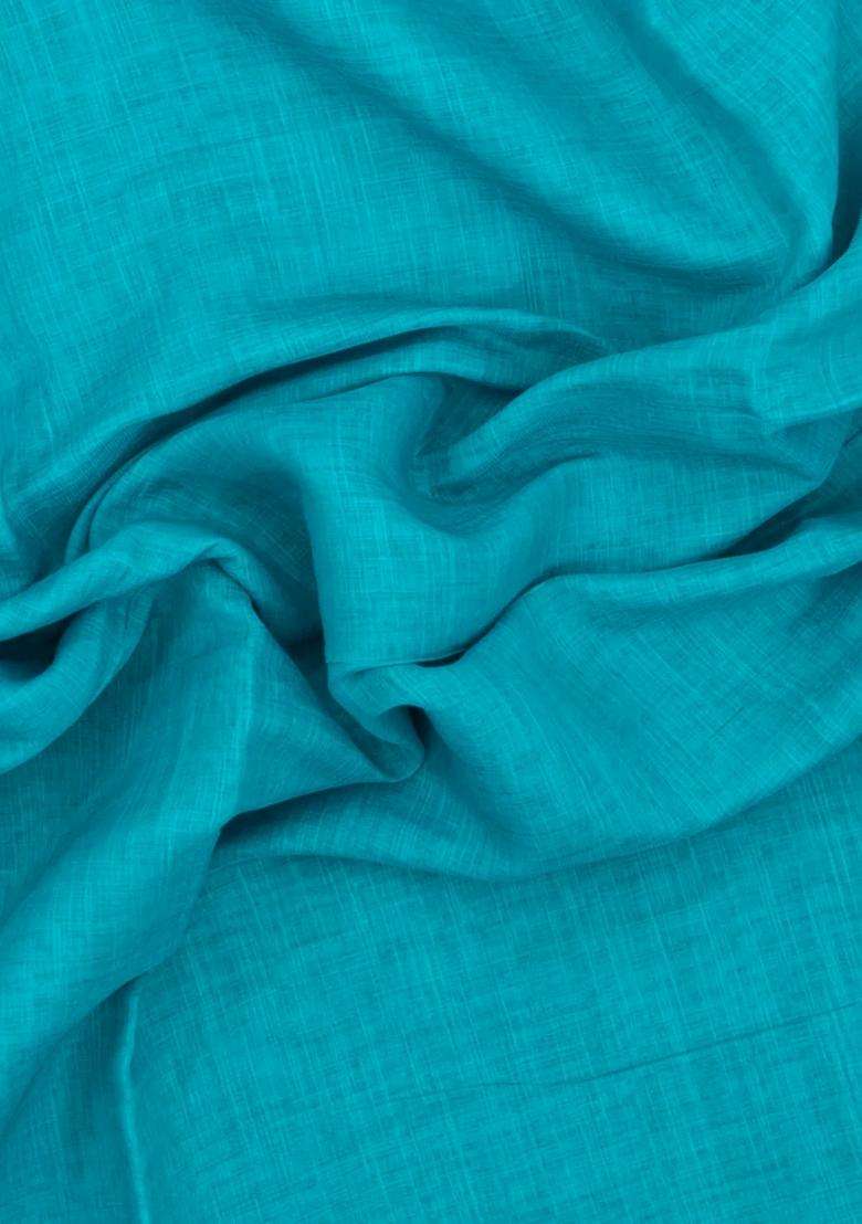 Turquoise Printed Synthetic Linen Saree With Contrast Pallu For Women - Indya