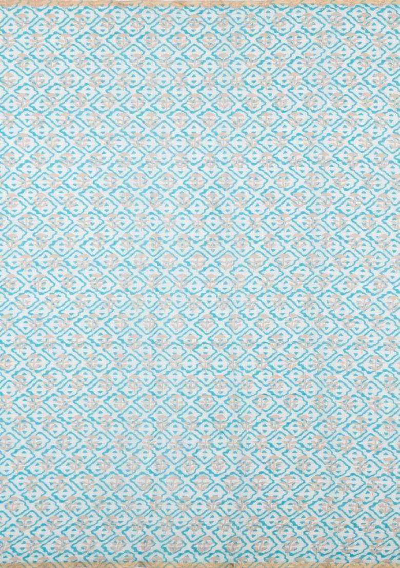 Turquoise Printed Synthetic Linen Saree With Contrast Pallu For Women - Indya