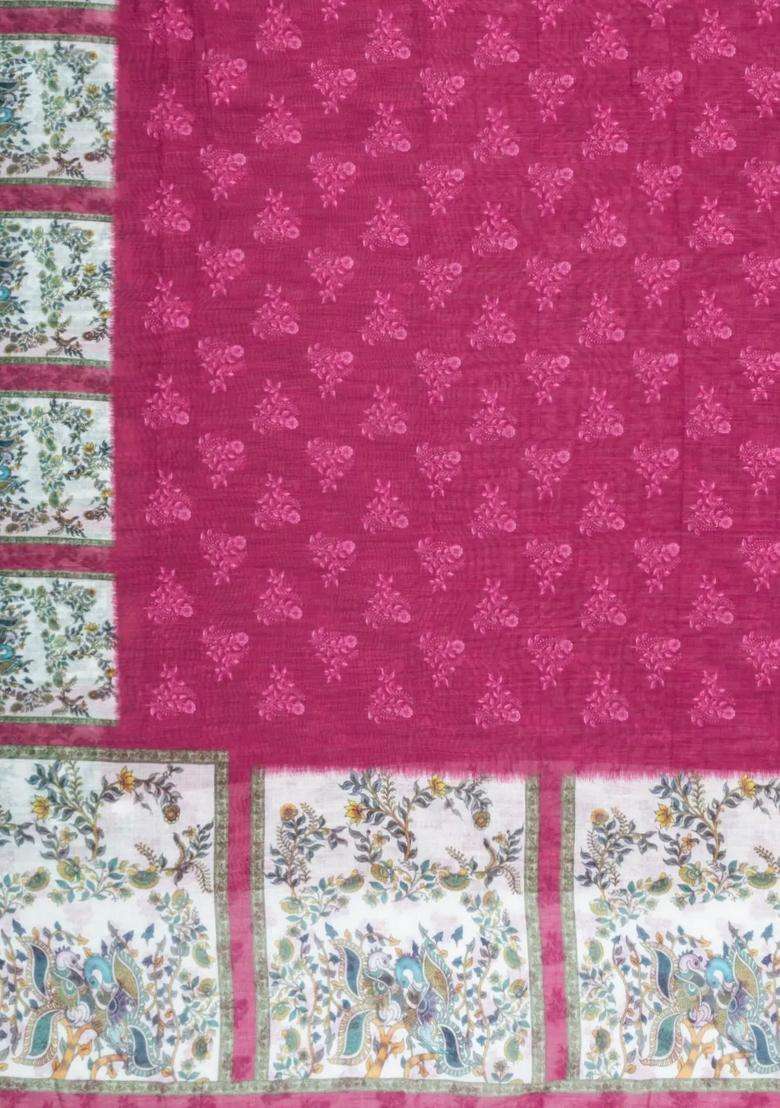 Magenta Turquoise Printed Synthetic Linen Saree With Floral Motifs For Women - Indya