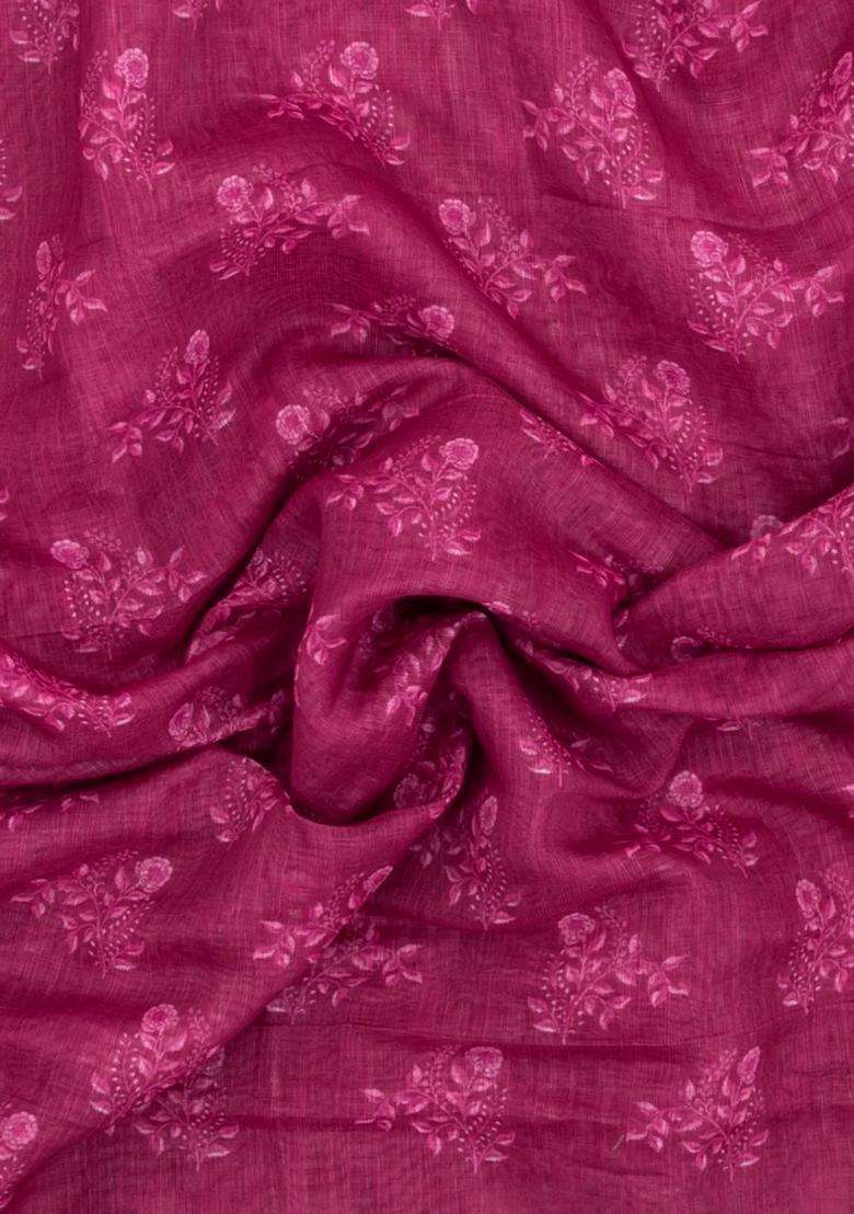 Magenta Turquoise Printed Synthetic Linen Saree With Floral Motifs For Women - Indya