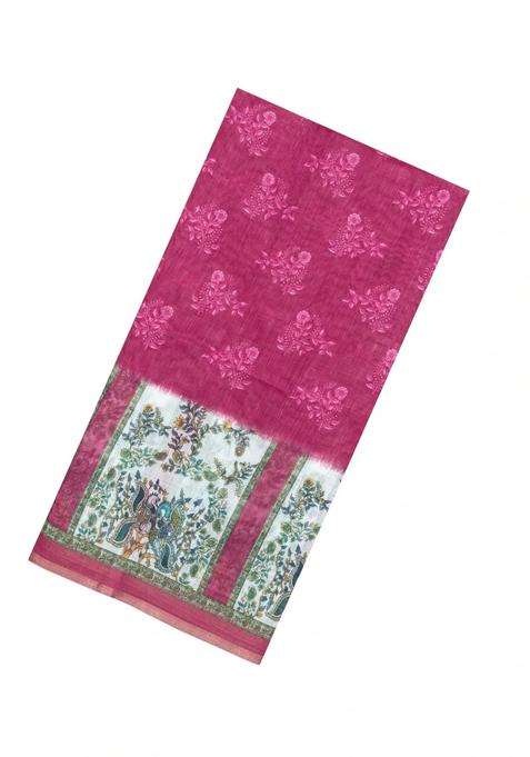 Magenta Turquoise Printed Synthetic Linen Saree With Floral Motifs For Women