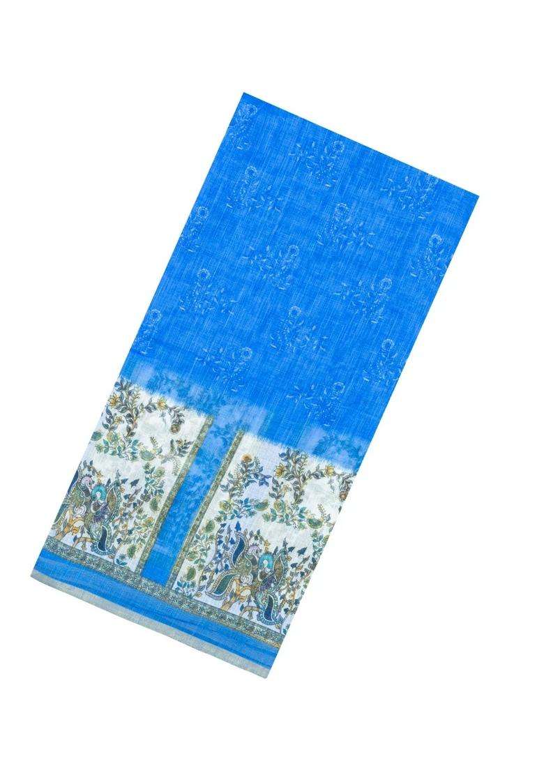 Blue Printed Synthetic Linen Saree With Floral Motifs For Women - Indya
