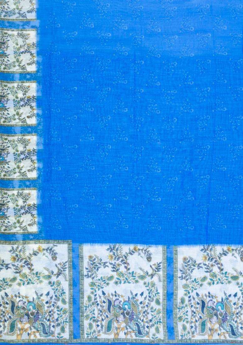 Blue Printed Synthetic Linen Saree With Floral Motifs For Women - Indya