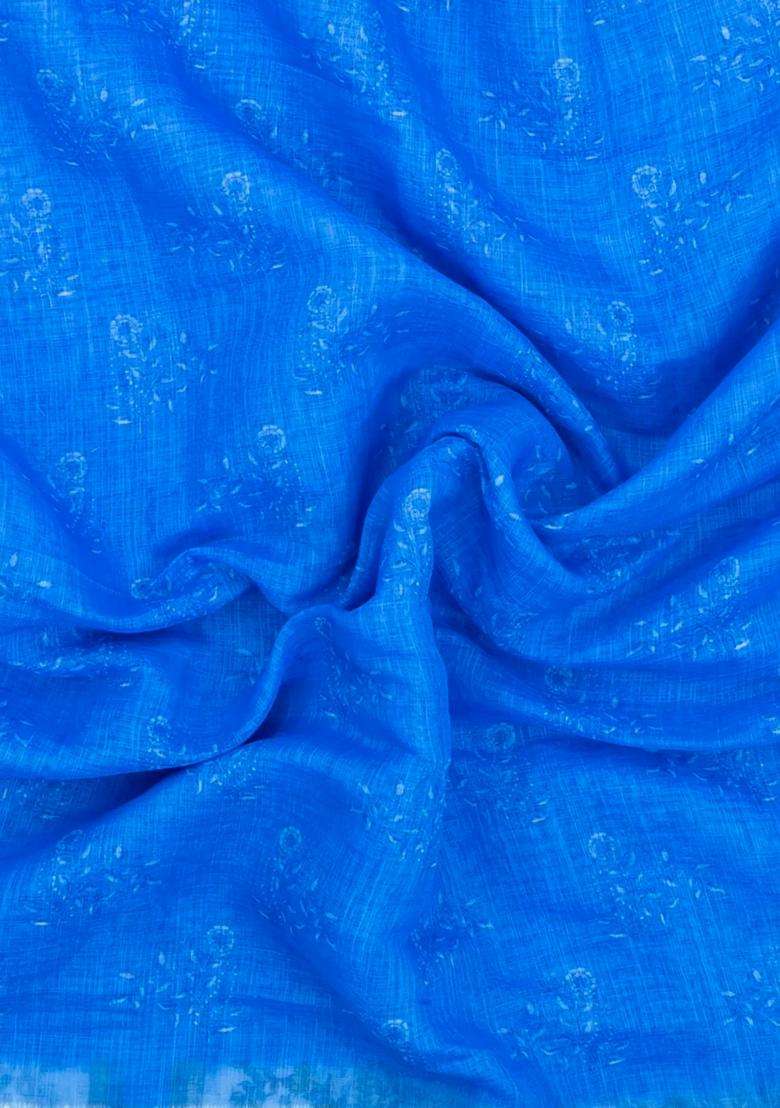 Blue Printed Synthetic Linen Saree With Floral Motifs For Women - Indya