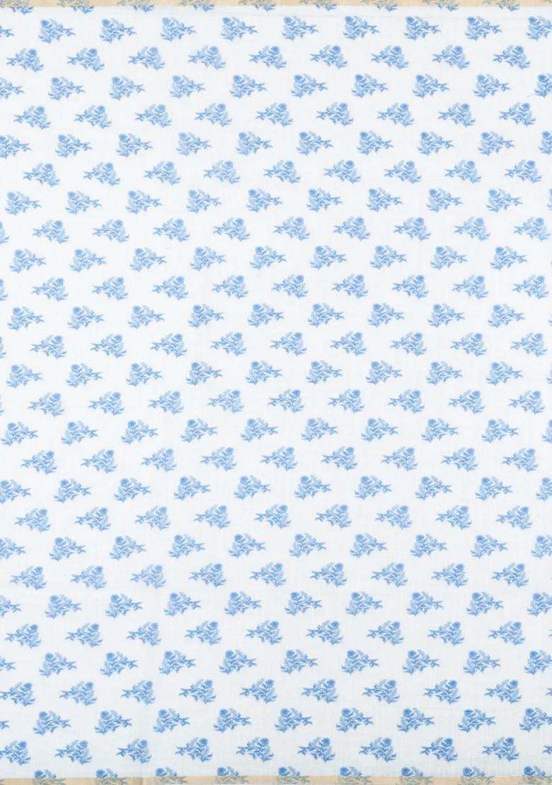 Blue Printed Synthetic Linen Saree With Floral Motifs For Women - Indya