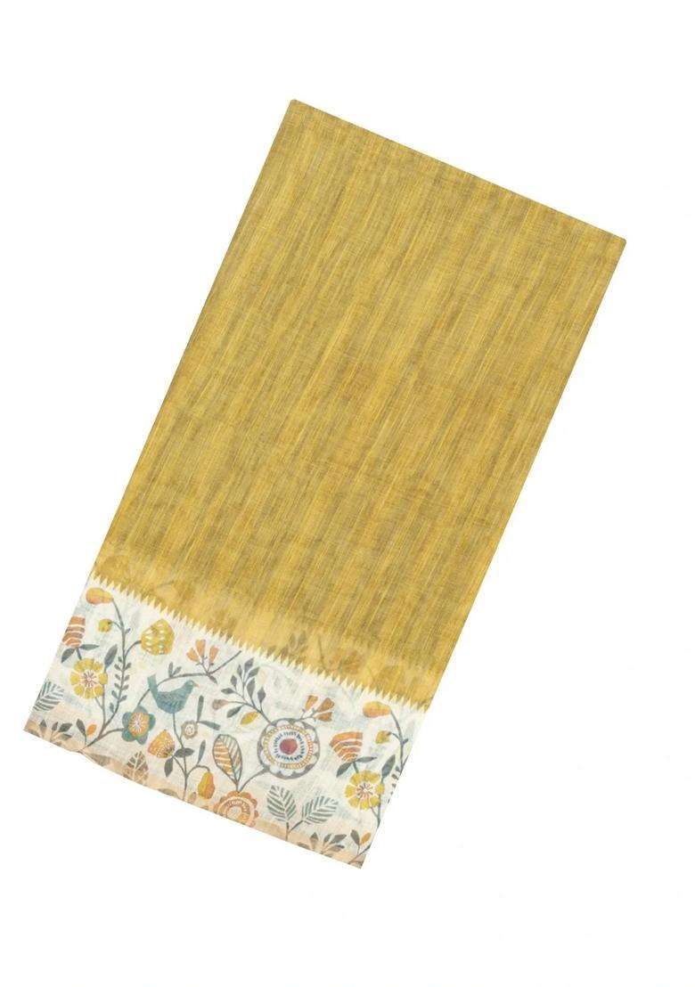 Beige Printed Synthetic Linen Saree With Floral Motifs For Women - Indya