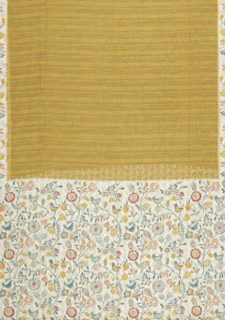 Beige Printed Synthetic Linen Saree With Floral Motifs For Women - Indya