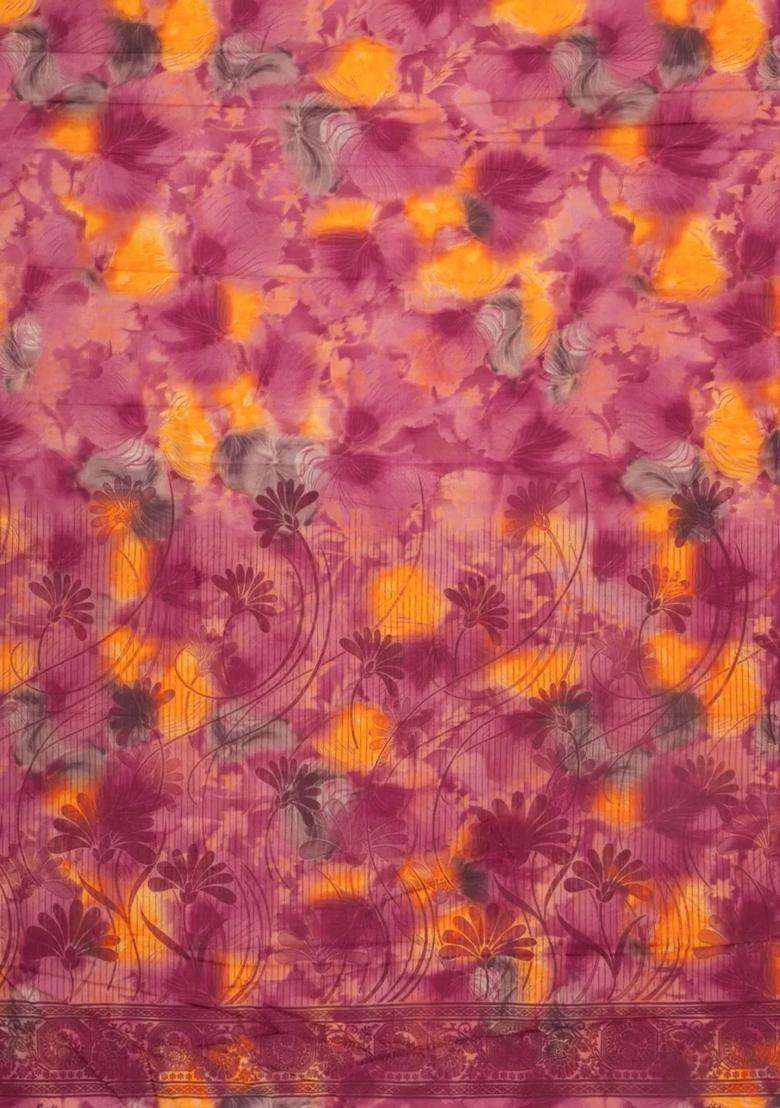 Magenta Printed Synthetic Linen Saree With Floral Motifs For Women - Indya