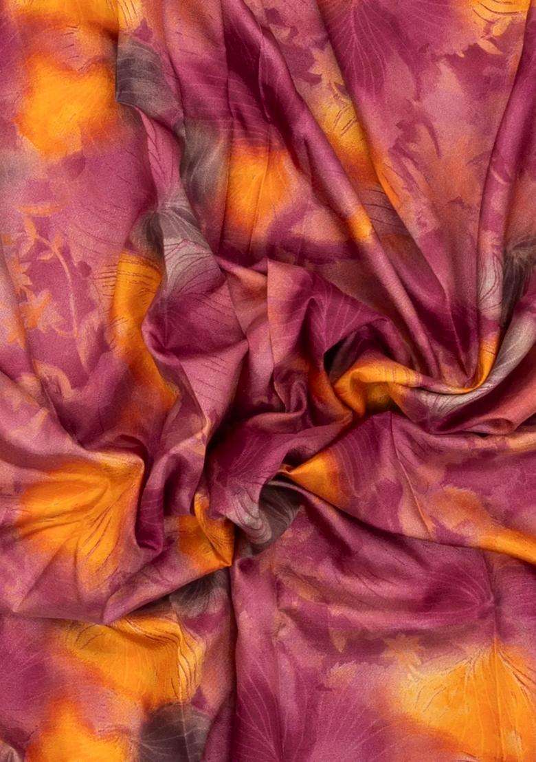 Magenta Printed Synthetic Linen Saree With Floral Motifs For Women - Indya