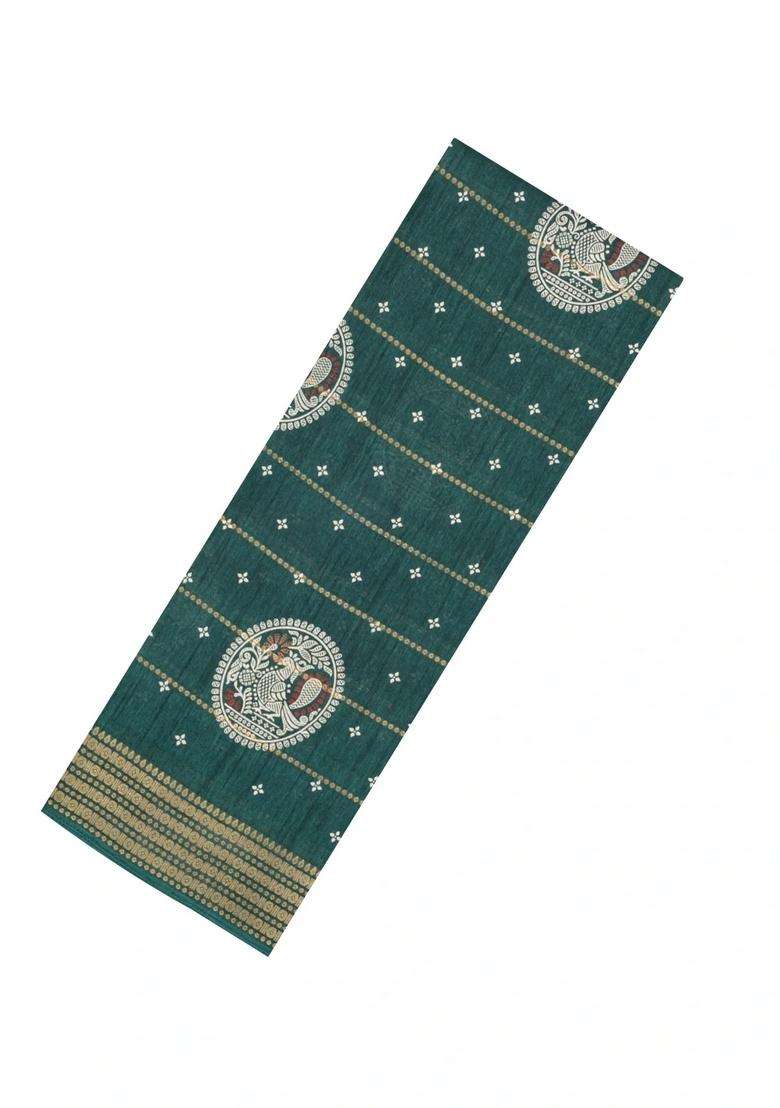 Dark Green Printed Synthetic Dola Silk Saree With Zari Stripes Border Motifs For Women - Indya