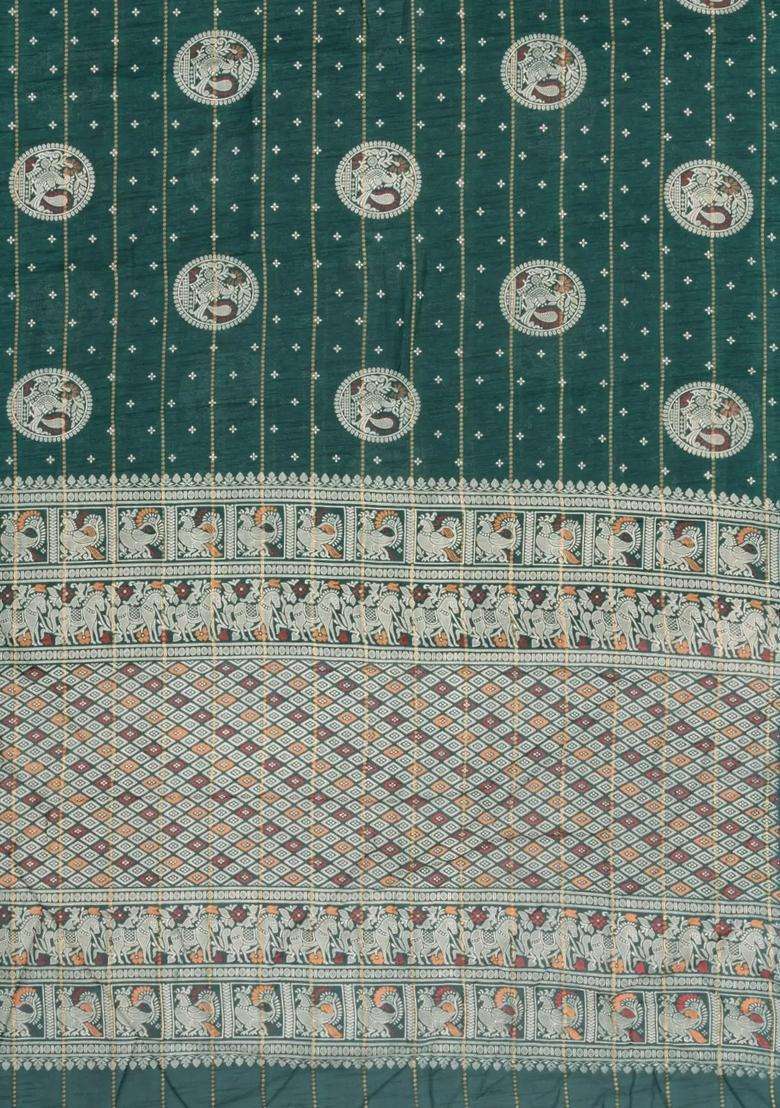 Dark Green Printed Synthetic Dola Silk Saree With Zari Stripes Border Motifs For Women - Indya