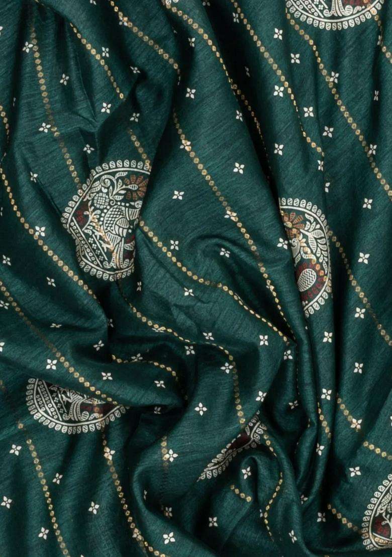 Dark Green Printed Synthetic Dola Silk Saree With Zari Stripes Border Motifs For Women - Indya