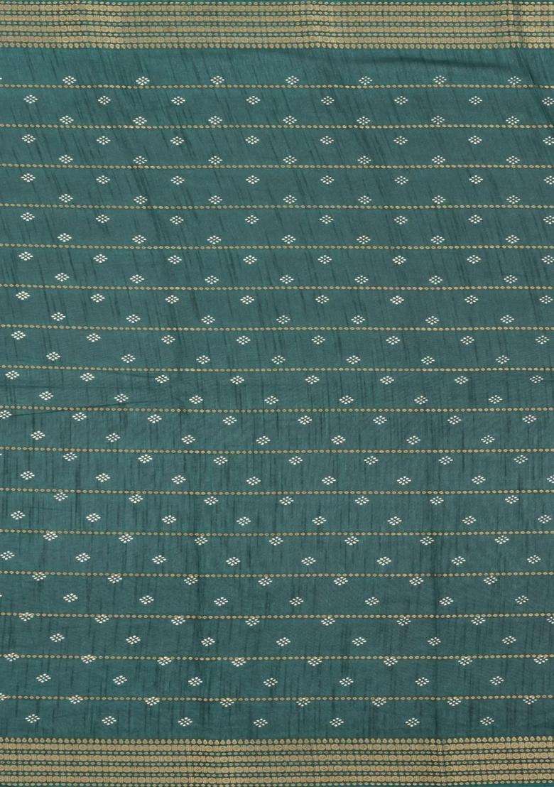 Dark Green Printed Synthetic Dola Silk Saree With Zari Stripes Border Motifs For Women - Indya