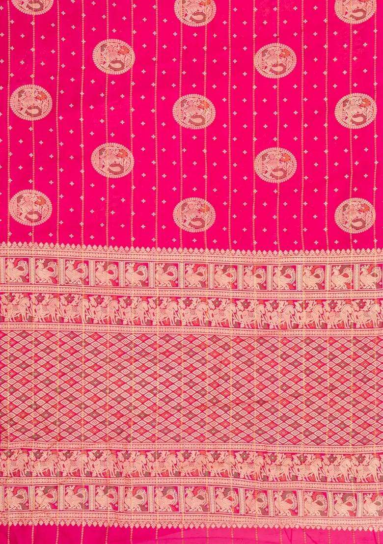 Hot Pink Printed Synthetic Dola Silk Saree With Zari Stripes Border Motifs For Women - Indya
