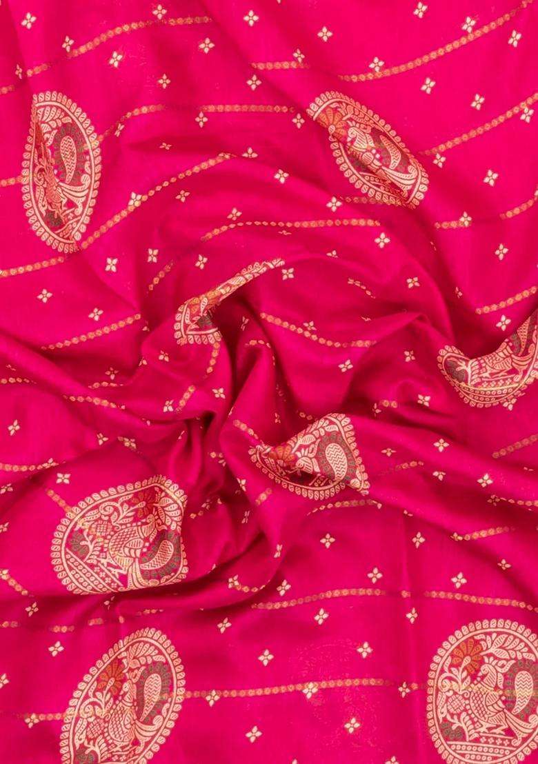 Hot Pink Printed Synthetic Dola Silk Saree With Zari Stripes Border Motifs For Women - Indya