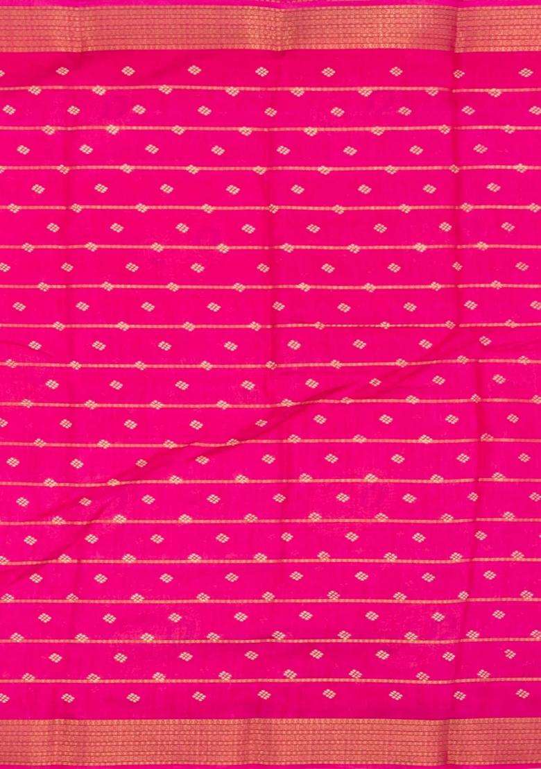 Hot Pink Printed Synthetic Dola Silk Saree With Zari Stripes Border Motifs For Women - Indya