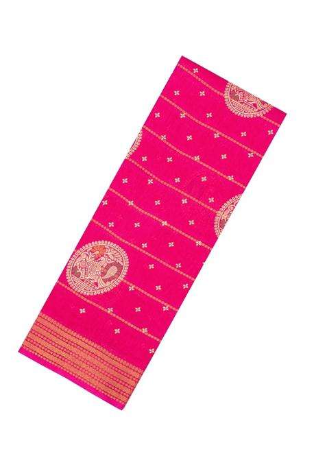 Hot Pink Printed Synthetic Dola Silk Saree With Zari Stripes Border Motifs For Women