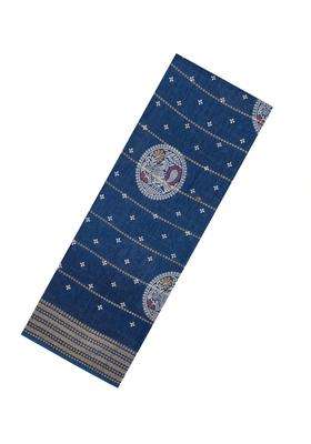 Navy Blue Printed Synthetic Dola Silk Saree With Zari Stripes Border Motifs For Women