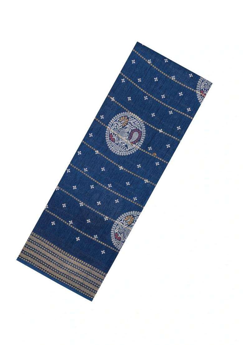 Navy Blue Printed Synthetic Dola Silk Saree With Zari Stripes Border Motifs For Women - Indya