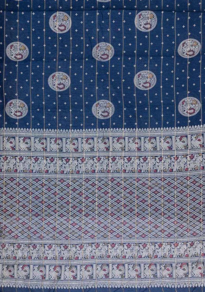Navy Blue Printed Synthetic Dola Silk Saree With Zari Stripes Border Motifs For Women - Indya