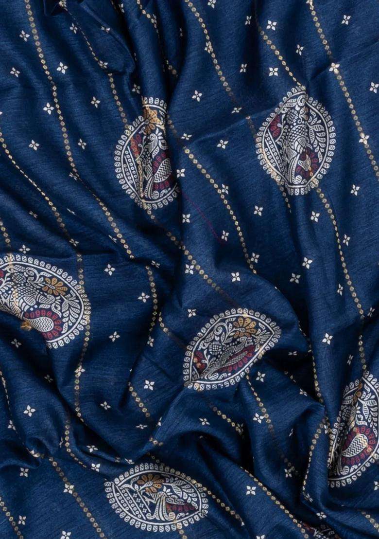 Navy Blue Printed Synthetic Dola Silk Saree With Zari Stripes Border Motifs For Women - Indya
