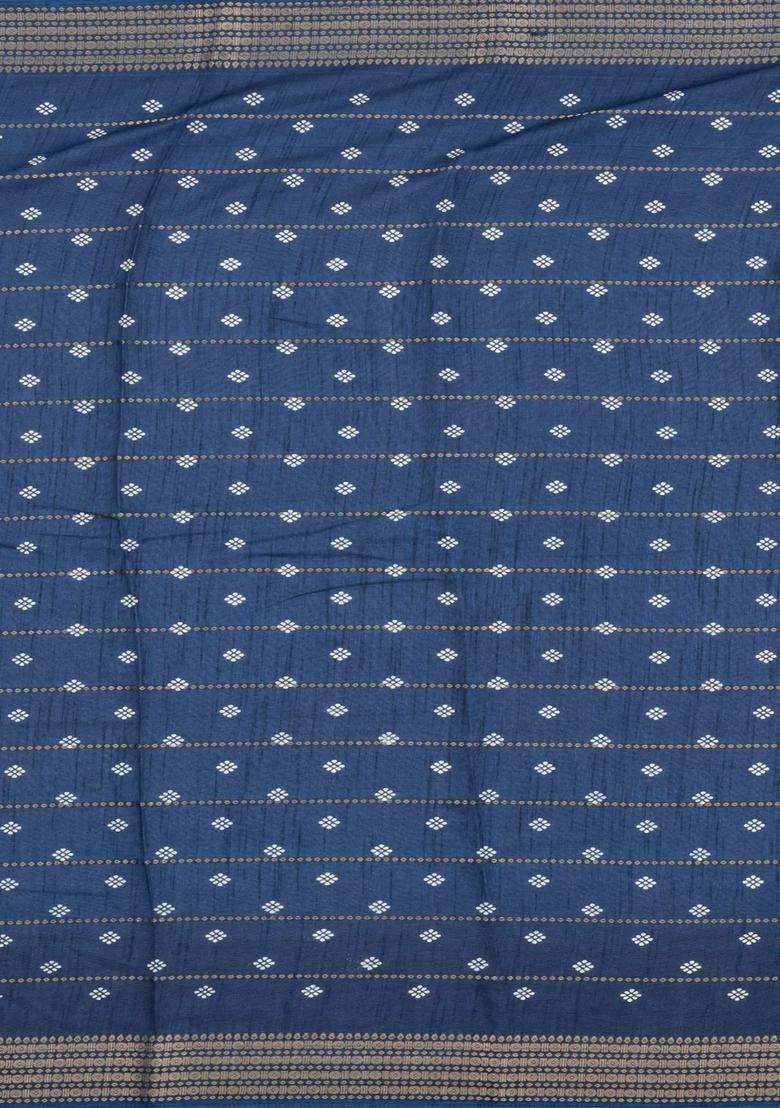 Navy Blue Printed Synthetic Dola Silk Saree With Zari Stripes Border Motifs For Women - Indya