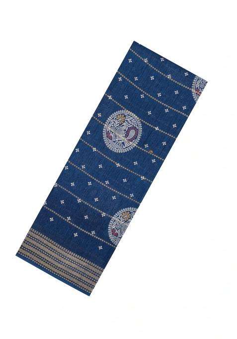 Navy Blue Printed Synthetic Dola Silk Saree With Zari Stripes Border Motifs For Women