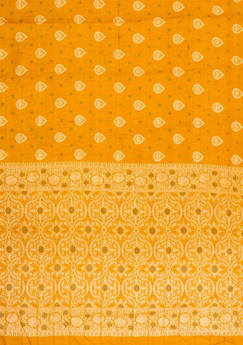 Mustard Printed Synthetic Dola Silk Saree With Zari Motifs Border For Women - Indya