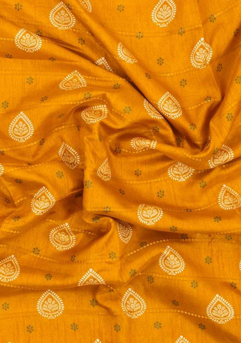 Mustard Printed Synthetic Dola Silk Saree With Zari Motifs Border For Women - Indya