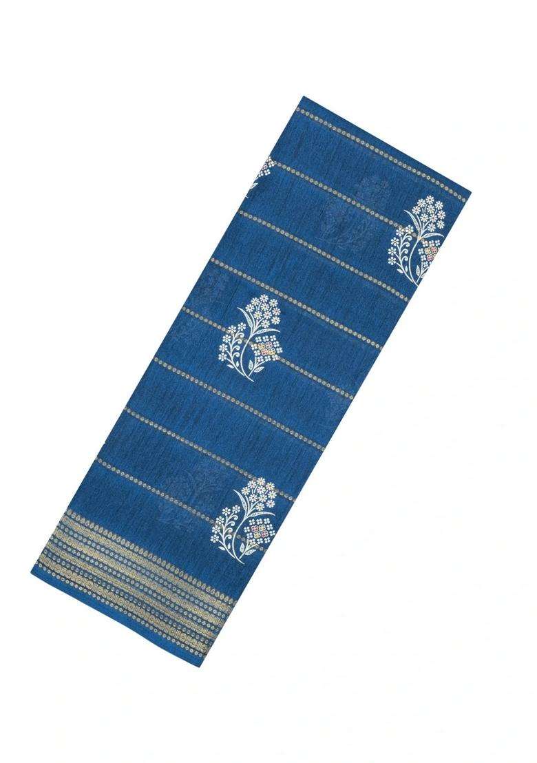 Navy Blue Printed Synthetic Dola Silk Saree With Zari Motifs Border For Women - Indya