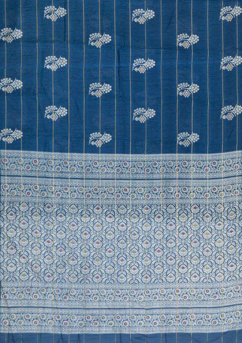 Navy Blue Printed Synthetic Dola Silk Saree With Zari Motifs Border For Women - Indya