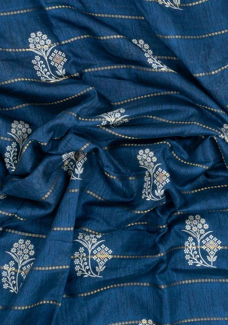 Navy Blue Printed Synthetic Dola Silk Saree With Zari Motifs Border For Women - Indya