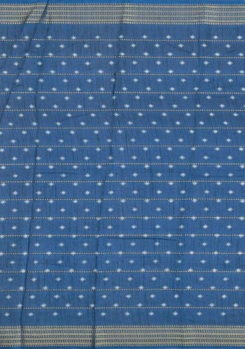 Navy Blue Printed Synthetic Dola Silk Saree With Zari Motifs Border For Women - Indya