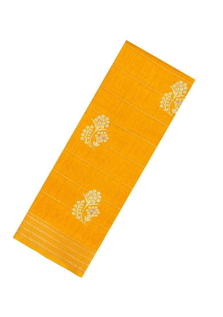 Mustard Printed Synthetic Dola Silk Saree With Zari Motifs Border For Women - Indya