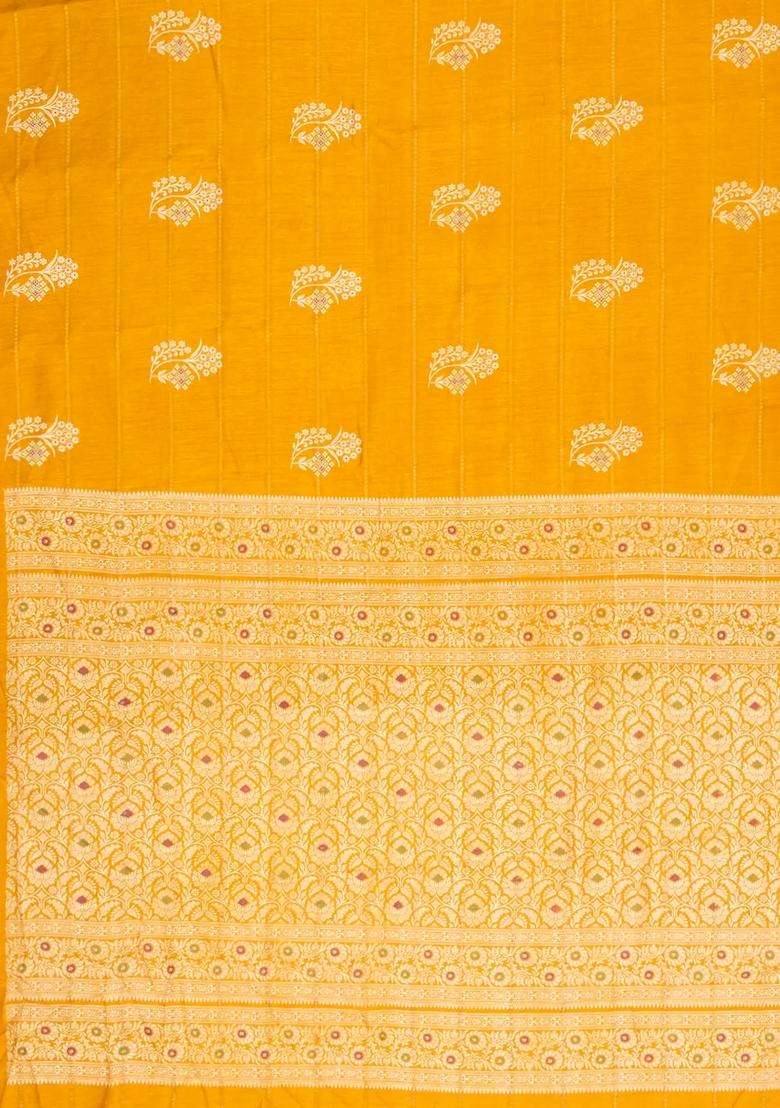 Mustard Printed Synthetic Dola Silk Saree With Zari Motifs Border For Women - Indya