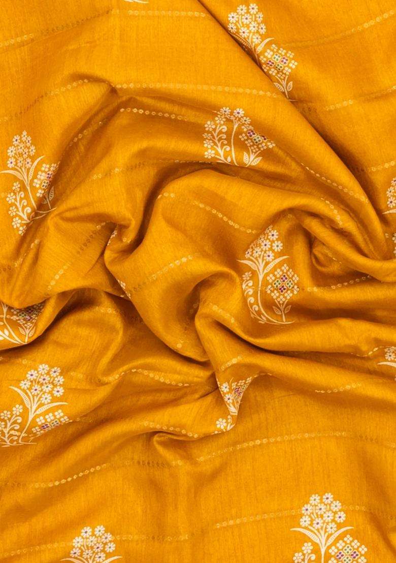 Mustard Printed Synthetic Dola Silk Saree With Zari Motifs Border For Women - Indya