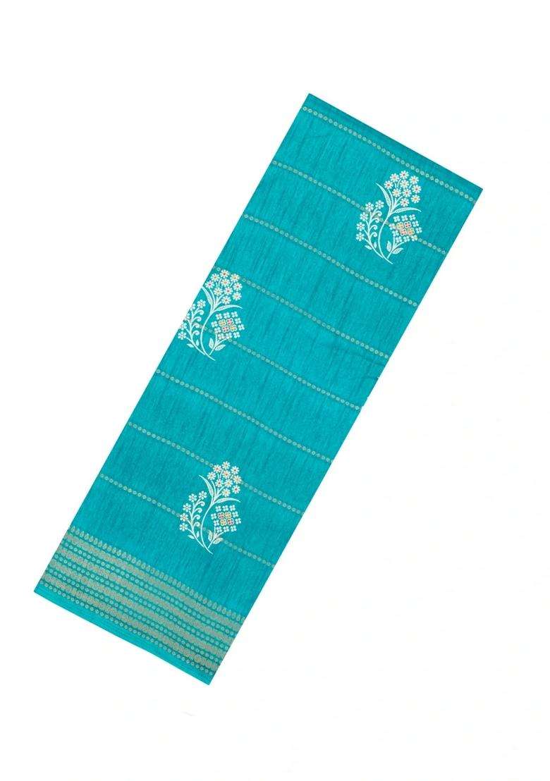 Turquoise Printed Synthetic Dola Silk Saree With Zari Motifs Border For Women - Indya