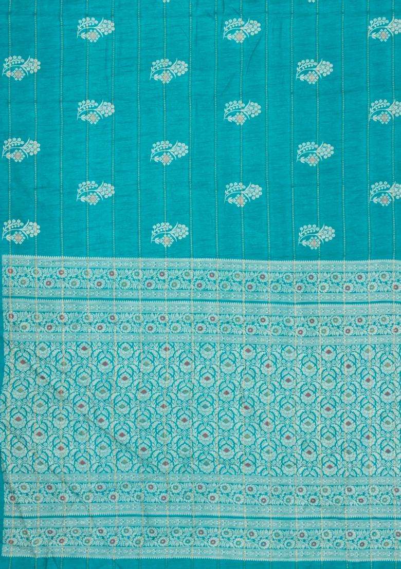Turquoise Printed Synthetic Dola Silk Saree With Zari Motifs Border For Women - Indya