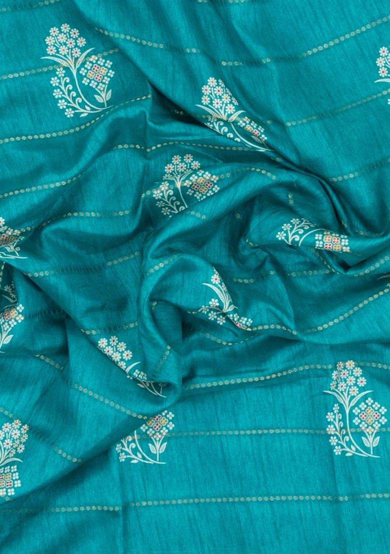 Turquoise Printed Synthetic Dola Silk Saree With Zari Motifs Border For Women - Indya