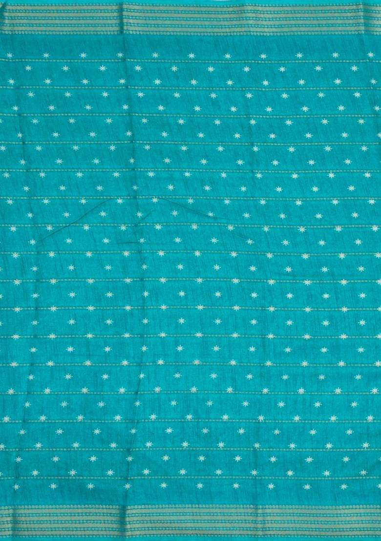 Turquoise Printed Synthetic Dola Silk Saree With Zari Motifs Border For Women - Indya