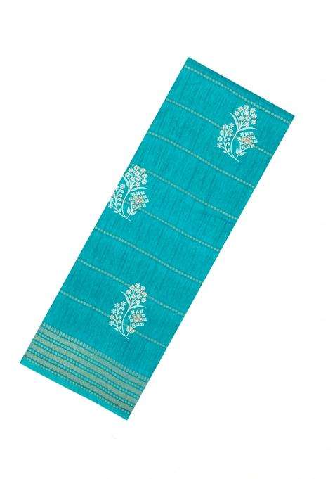 Turquoise Printed Synthetic Dola Silk Saree With Zari Motifs Border For Women